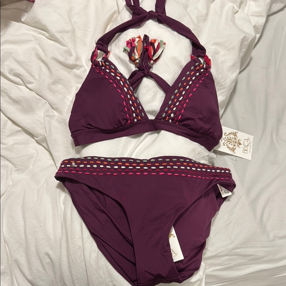 BECCA Plum Bikini Set with Colorful Accents sz M/L